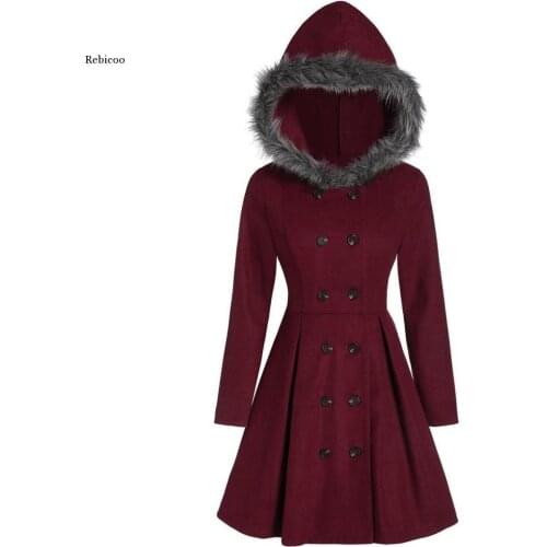 Autumn Winter Overcoat Women Princess Swing Hooded Fur Coat Slim Double Breasted Long Coat Female