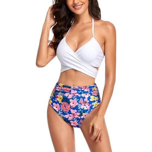 Womens Sexy Floral Bikini 2-Piece Cross Bandage Vest Sub-System Belt High Waist Swimsuit