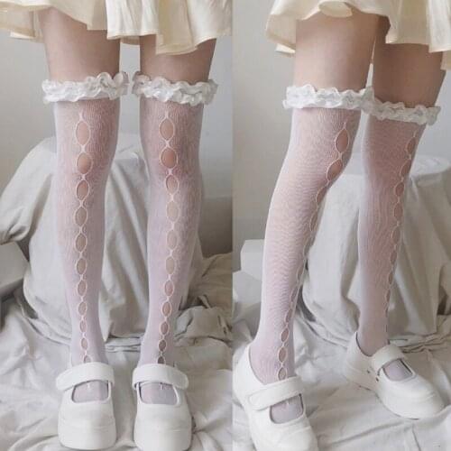066C Japanese Lolita Ruffled Lace Knee High Long Socks Hollow Out Ripped Hole Kawaii Transparent Fishnet Stretch Thigh High Over