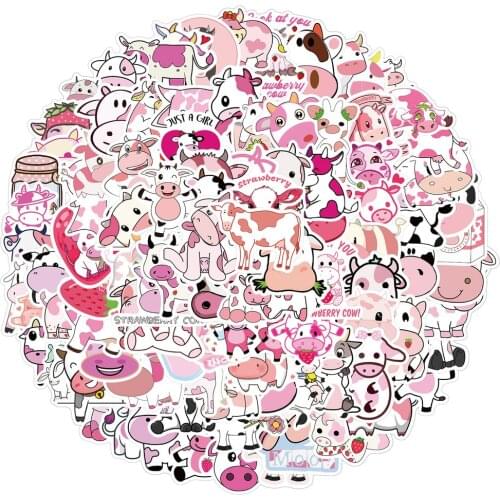 50/100PCS Cute Strawberry Cow Animals Cartoon Sticker For Laptop Skateboard Luggage Refrigerator Decals Graffiti Stickers