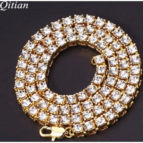 QITIAN Mens Hip Hop Bling Bling Iced Out Tennis Chain 1 Row Necklaces Luxury Brand Silver/Gold Color Men Chain Fashion Jewelry