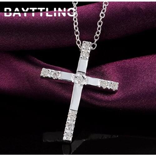 BAYTTLING AAA Zircon 925 Sterling Silver 18 Inch Cross Pendant Link Chain Necklace For Woman Luxury Party Jewelry Birthday Gift