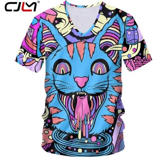 CJLM Mens New Casual Harajuku V Neck Tshirt Personality Punk Pattern 3D Printed Colorful Blue Cat Tshirt Big Size 6XL