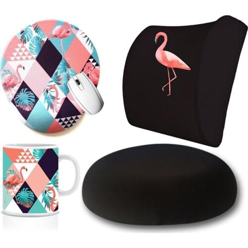 Custog Memory Foam Visco For Office Chair Waist Support Pillow & Seating Cushion & Mouse Pad & Mug Set Of 4 Flamingo