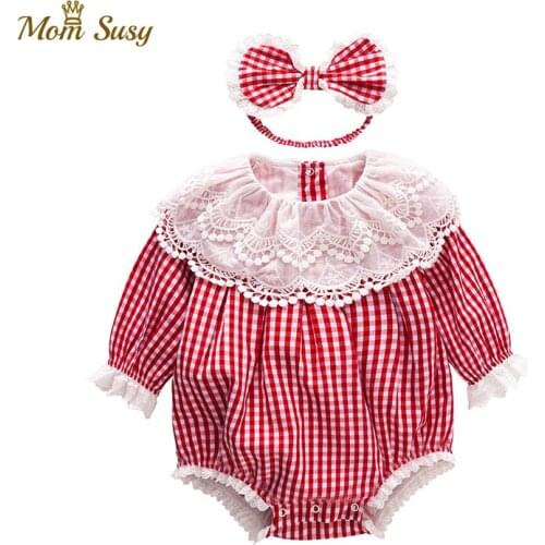Baby Girl Cotton Romper Plaid Lace Collar Long Sleeve Newborn Infant Jumpsuit Romper+Bow Headwear Baby Clothes 0-24M