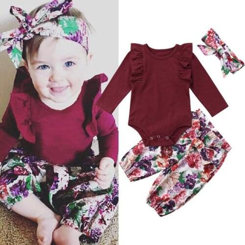 Explosive childrens cute baby floral print baby girl clothes trousers + set of wine red hair band girls climbed jumpsuit suit