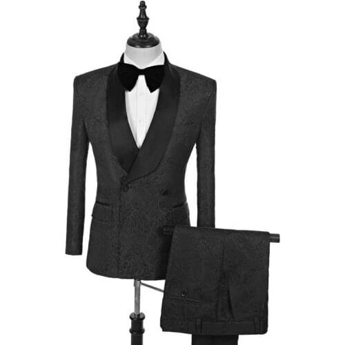 Handsome Groomsmen Embossing Groom Tuxedos Mens Wedding Dress Man Jacket Blazer Prom Dinner (Jacket+Pants+Tie) A08