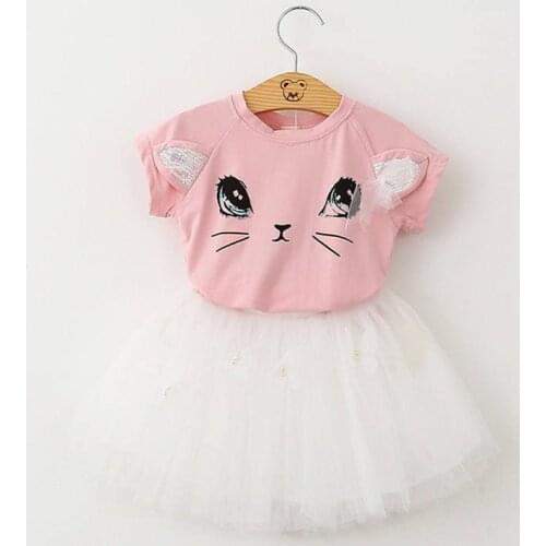 PatPat 2020 New Summer Lovely Cat T-shirt and Appliqued Butterfly Tulle Shirt Set for Girls Short-Sleeve Dreesess