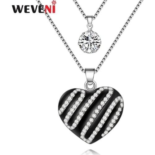 WEVENI Statement Enamel Heart Necklaces Pendants Rhinestone Inlaied Chain Collar Fashion Accessories Original Jewelry For Women