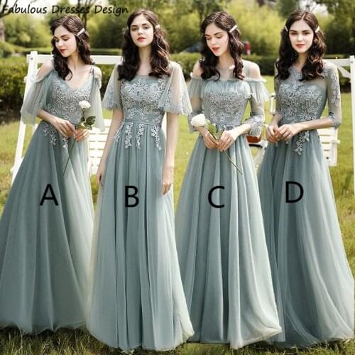 Fashion A Line Applique Lace Bridesmaid Dresses Sheer 1/2 Sleeve V-neck Backless Tulle Long Dress For Wedding Guest Gown