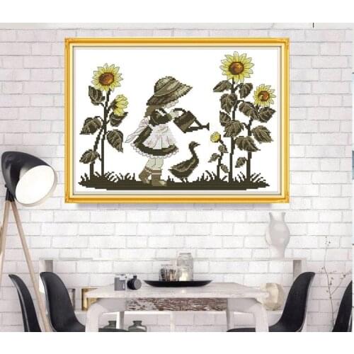 Girl and sunflower Cross Stitch Kits Streetscape Printed pattern Chinese Embroidery Needlework Cross-stitch set Canvas Handmade