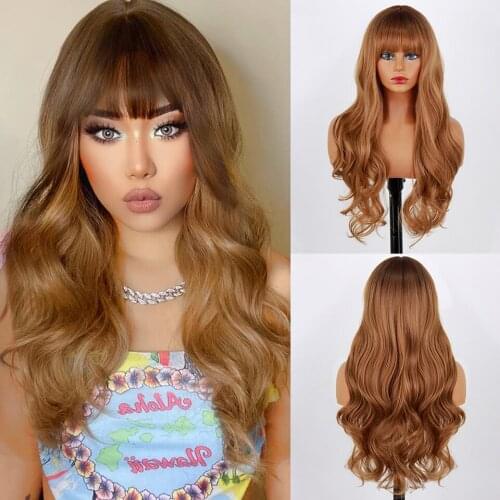 Long Brown Ombre Wavy Wigs with Bangs Natural Hair Wigs for Women Synthetic Hair High Temperature Fiber for Daily Cosplay