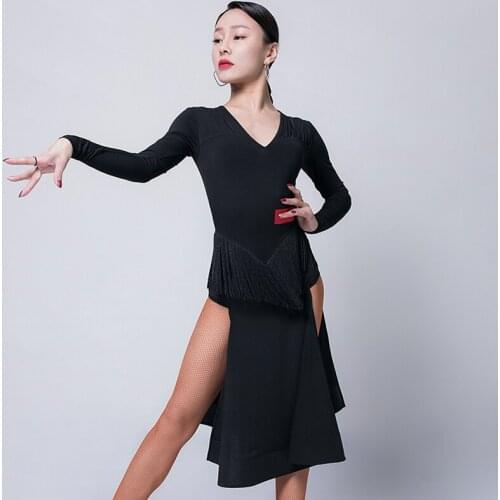 Latin Dance Dress Women Adult Long Sleeve Fringe Practice Skirt Ballroom Dance Competition Dresses Rumba Stage Costumes VO301