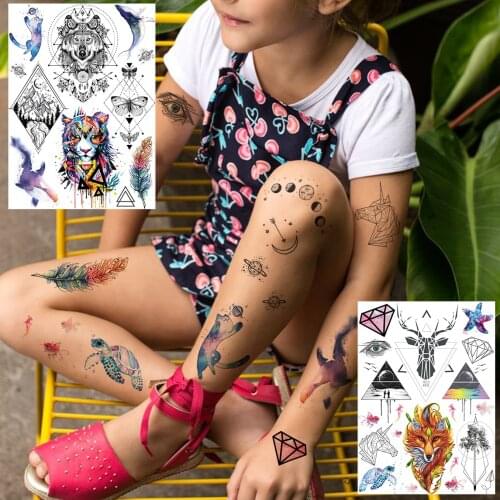 Wolf Elk Tiger Temporary Tattoos For Men Children Feather Colorful Fox Fake Tattoo Geometric Mountain Diamond Art Arm Moth Tatoo