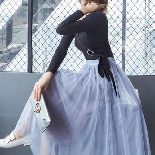 80CM Womens High Waist Three Layer Sheer Mesh Pleated Tulle Midi Long Tutu Skirt Sweet Solid Candy Color Drape Swing Loose Dress