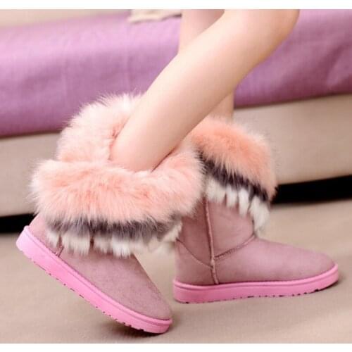 Women Flats Ankle Snow Boots Fur Boots Winter Warm Snow Shoes Woman Round-toe Female Flock Leather Women Shoes