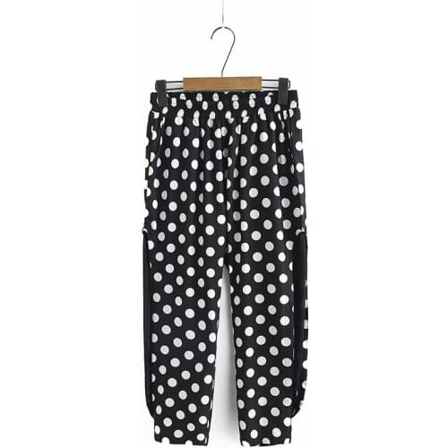 Plus Size Womens Black Pants Elastic Waist Polka Dot Printed Mesh Vintage Ankle Trousers