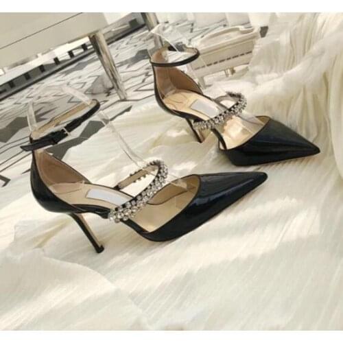 Moraima Snc Black Patent leather High Heel Shoes Sexy Pointed Toe Crystal Embellished Thin Heels Pumps Ankle Strap Wedding Heels