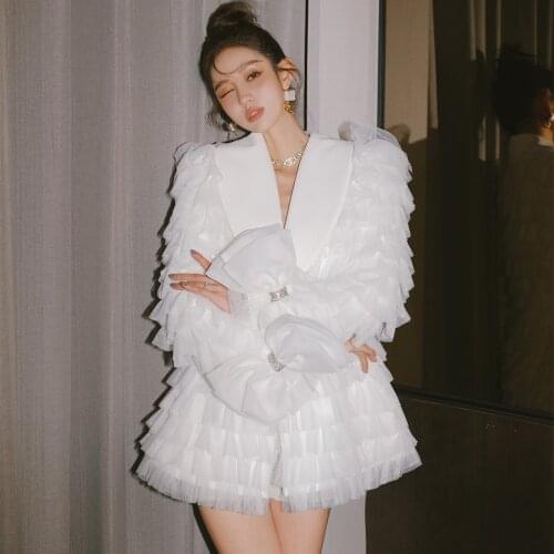 Fairy Multi-Layers Mesh Ruffles Women Suit Blazer High Quality Chic Rhinestones Bowknot Ladies Jacket