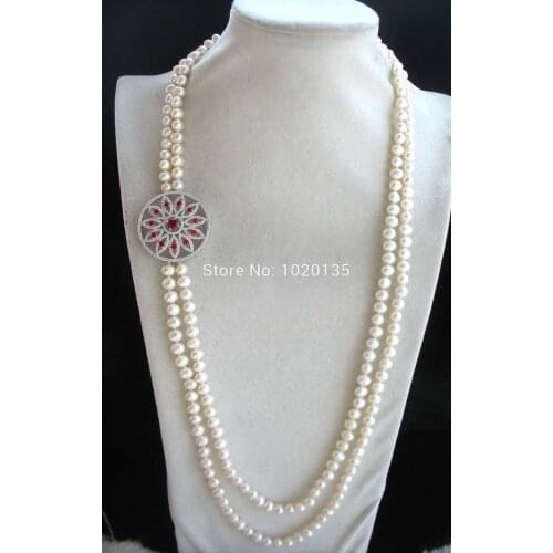 2rows freshwater pearl white near round 8-9mm necklace 30-32inch wholesale beads nature gift