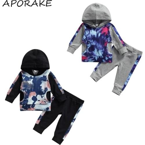 2021 0-18M Baby Boy Clothing Spring Fall 2pcs Tie Dye Print Patch Long Sleeve Hooded Sweatshirt+Long Pants Casual Outfits Set