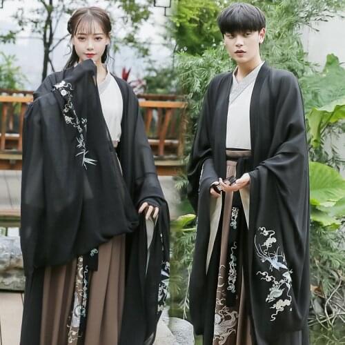 Free shipping Mens ancient embroidered cloak large sleeve shirt female cross collar waist length Ru skirt suit class uniform