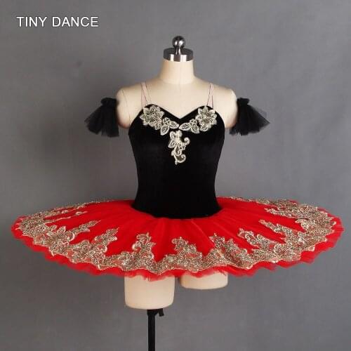 Black/Red Professional Ballet Dance Tutu Stretch Velvet Bodice with Gold Trim 7 Layers Pleated Tulle Pancake Tutu BLL404