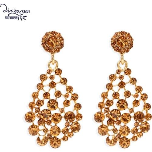 Dvacaman Bling Champagne Crystal Rhinestone Pendant Drop Earrings for Women Banquet Wedding Statement Earrings Wholesale Jewelry