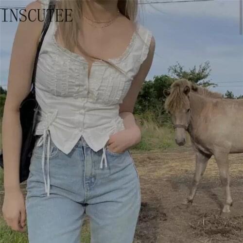 Inscutee Vintage Y2k Cute White Vest Women Streetwear Fairy Grunge Lace Up Crop Tops Harajuku Cottagecore Causal Summer Caimsole