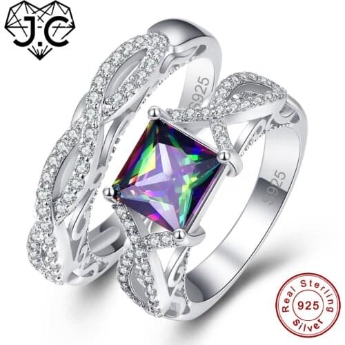 J.C Square Cut Rainbow & White 925 Sterling Silver Rings For Women Men Luxury Elegant Wedding Fine Jewelry Size 6 7 8 9
