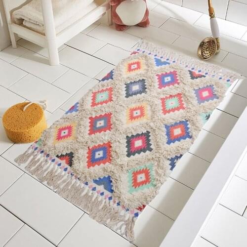 Farmhouse Checkered Plaid Rugs with Non-slip Mats Colorful Geometry Throw Rug,Tufted Tassels Cotton Hand Woven Kitchen Carpet