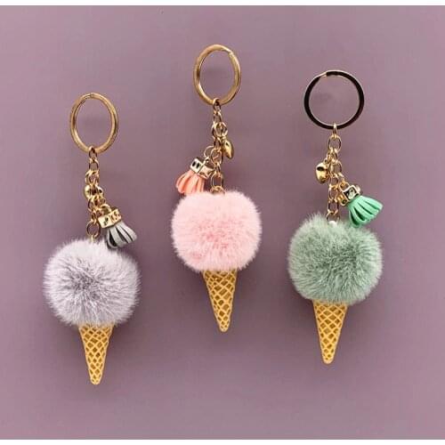Cute pompom ice cream keychain pendant bag cartoon plush pendant cone car key chain ring hair ball creative gift