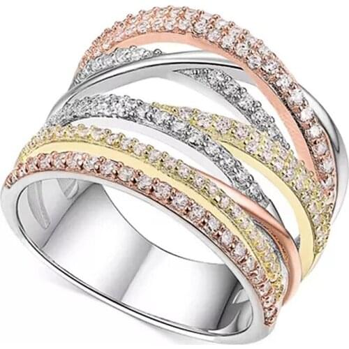 Fashion Luxury Three-color Geometric Line Ring Trendy Ladies Exquisite Zircon Ring Jewelry