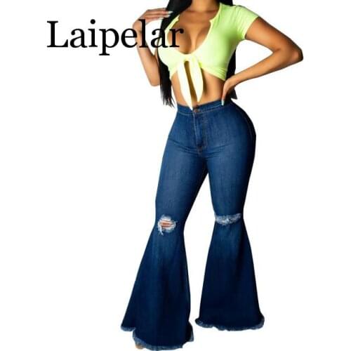 Laipelar Fashion Denim Flare Pants Women Retro Ripped Jeans Wide Leg Trousers Lady Casual Bell-Bottoms Flare Pant Female