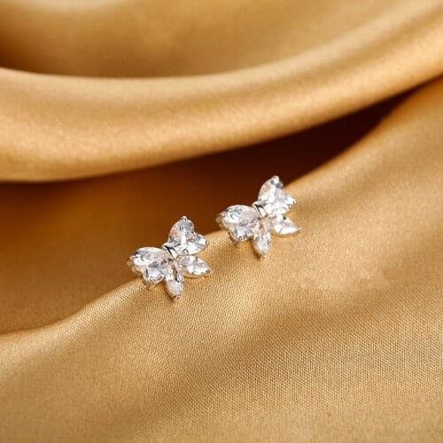 925 Sterling Silver Zircon Bowknot Charm Stud Earring For Women Girls Party Jewelry Pendientes Accessories eh118