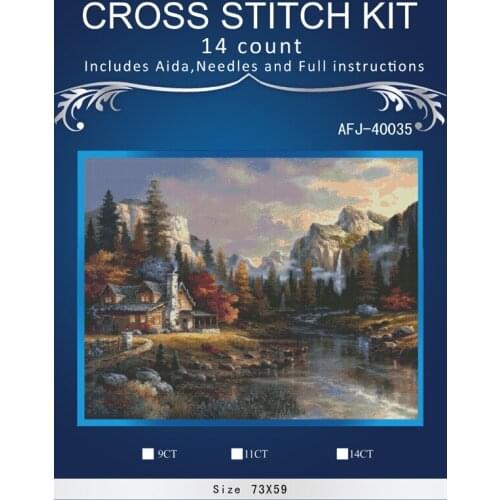 ONEROOM For Embroidery Mountain Flowing water House Forest Needlework 14CT Unprinted DMC DIY Cross Stitch Kits Handmade