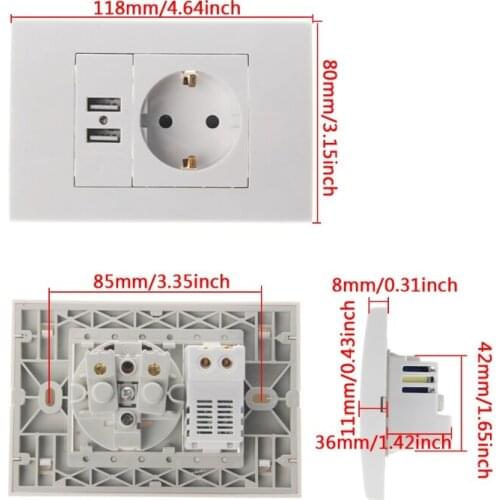 Wall Power Socket Plug 16A EU Standard Electrical Outlet 1000mA Dual USB Charger Port