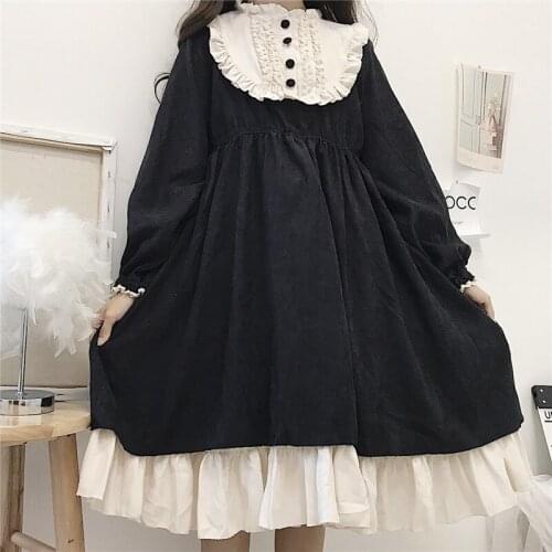 Japanese Style 2020 Autumn WomenS Dresses O-Neck High Waist Slimming Contrast-Color Ruffled Sweet Lolita Dress Kawaii Clothing