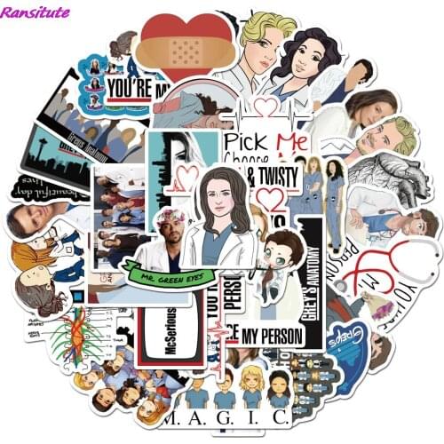 Ransitute R1363 50pcs/set TV Greys Anatomy Scrapbooking Stickers Decal For Guitar Laptop Luggage Car Fridge Graffiti Sticker