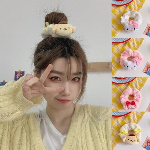 Women Plush Cartoon Dog Rabbite Cat Scrunchies Animal Satin Bow Elastic Hair Bands Girls Ponytail Holder Hair Ties Accessories