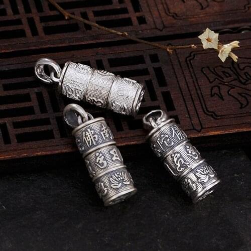 S990 Sterling Silver Vintage Tube Locket Pendant Necklace Buddhist Antique Shurangama Mantra Amulets Talismans Urn Six Word