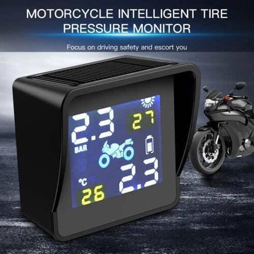 Motorcycle TPMS Tire Pressure Monitoring Alarm System Solar Power Charging LCD Tyre Temperature Pressure Warning with 2 Sensors