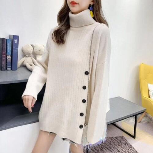 Loose Long-sleeved Solid Turtleneck Sweater Female Button Decoration Lazy Irregular Mid-length Knitted Sweater Women Spring 2021