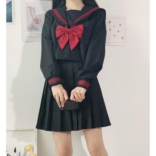 Girls Japanese School Uniform Basic Pleated Skirt JK Uniform Black Sailor Suits Harajuku Shirt Embroidered Top Casual Streetwear