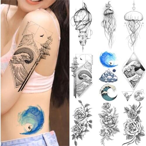 Sea Waves Surfing Temporary Tattoos For Women Men Waterproof Fake Tatoo Body Art Arm Jellyfish Whale Peony Flower Tattoo Sticker