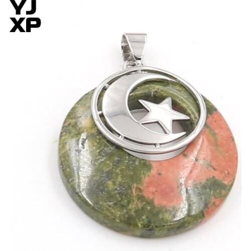 YJXP Silver Plated Round Hollow with Star Unakite Stone Pendant Half Moon Vintage Jewelry