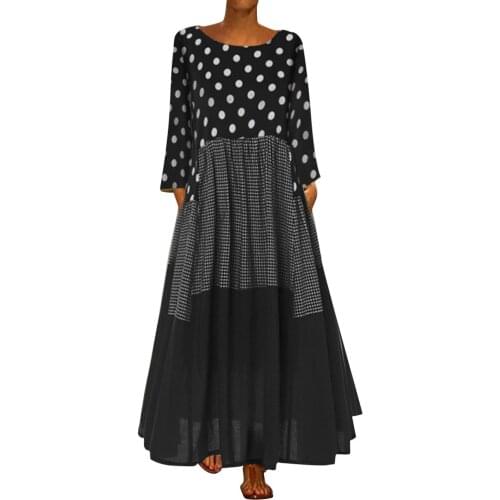 Women Vintage Bohemia Wave Polka Dot Dress Long Sleeves O-Neck Maxi Dress Summer Casual Loose Beach Dresses Ropa Mujer