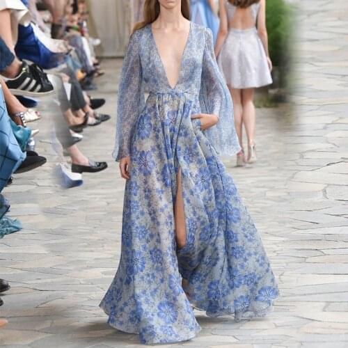 New Autumn Vintage V-neck Long Sleeve Blue Printed Long Dresses for Women 2021 Runway Designers Elegant Floral Chiffon Dress