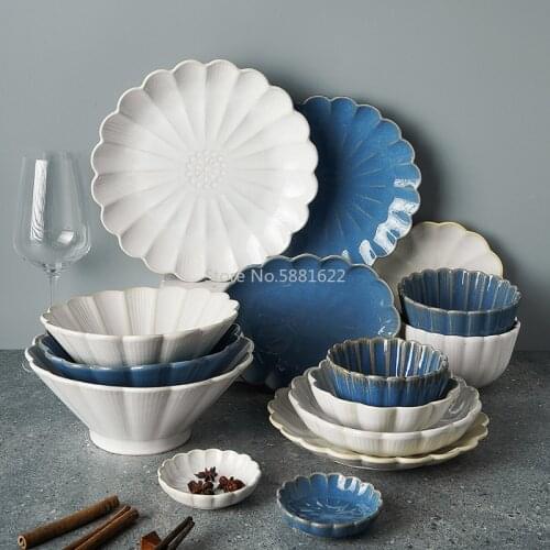 1pc Japanese Dinnerware Ceramic White Blue Dinner Plate Serving Dishes Rice Ramekin Sauce Bowl Microwave Safe