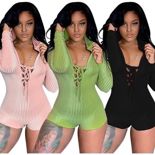 2020 Autumn European and American New Style Casual Solid Color Slim-fit Strappy Striped Long-sleeved Hooded Jumpsuit Women